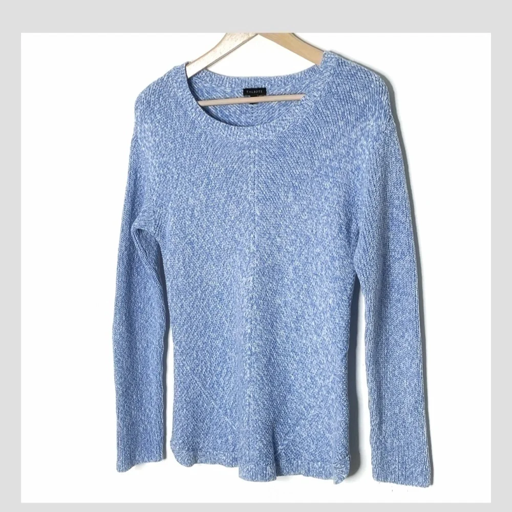 Talbots Shaker Stitch Sweater Pima Cotton Marled Blue Crew Neck Size Small